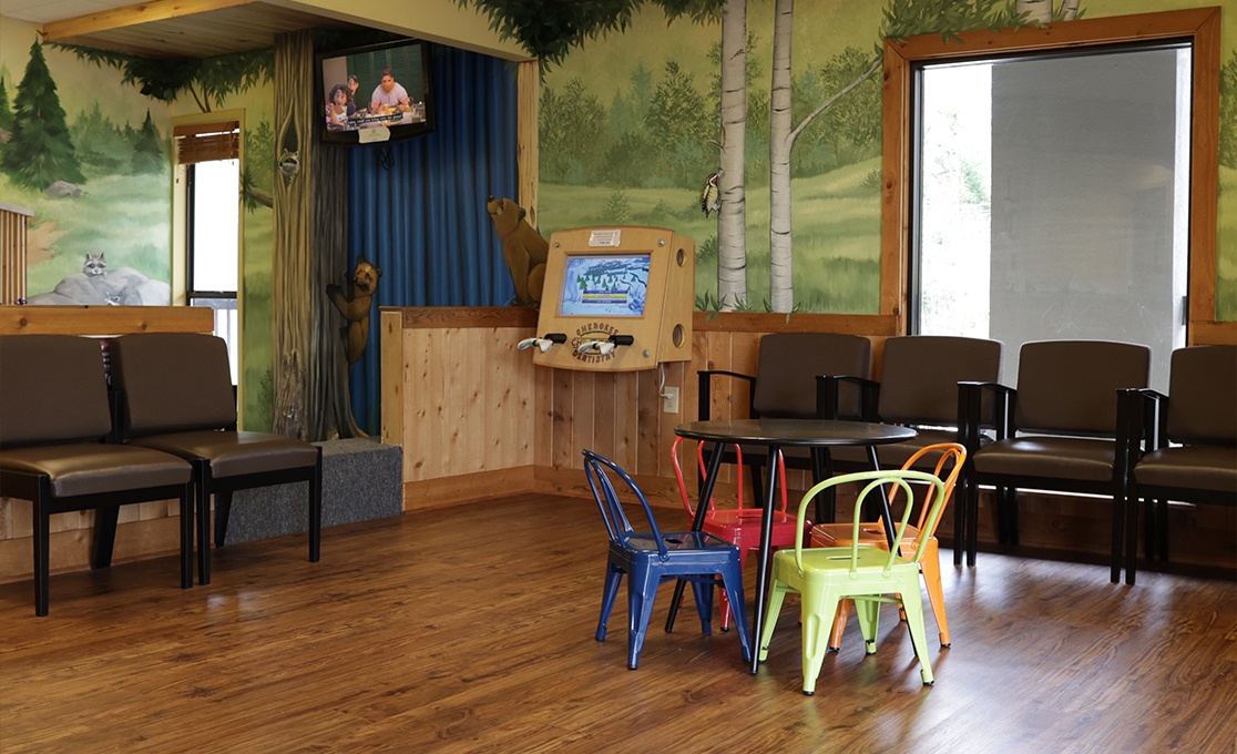 Kid friendly seating area in pediatric dental office waiting room